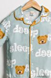 Çocuk Unisex Önü Düğmeli Mavi Ayıcık Sleep Desenli 2'li Alt Üst Pijama Takımı